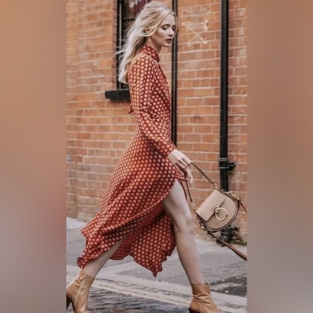 Topshop Horse Coin Print Long Sleeve Midi Dress Brown Coral Womens Us 10 Uk